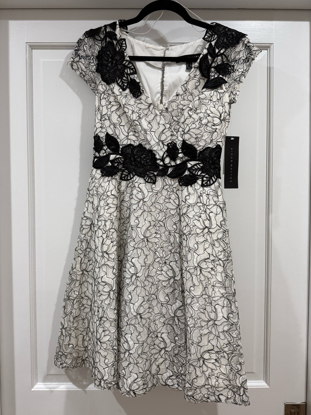 Aidan Mattox White Dress with Black Floral Lace Applique 0